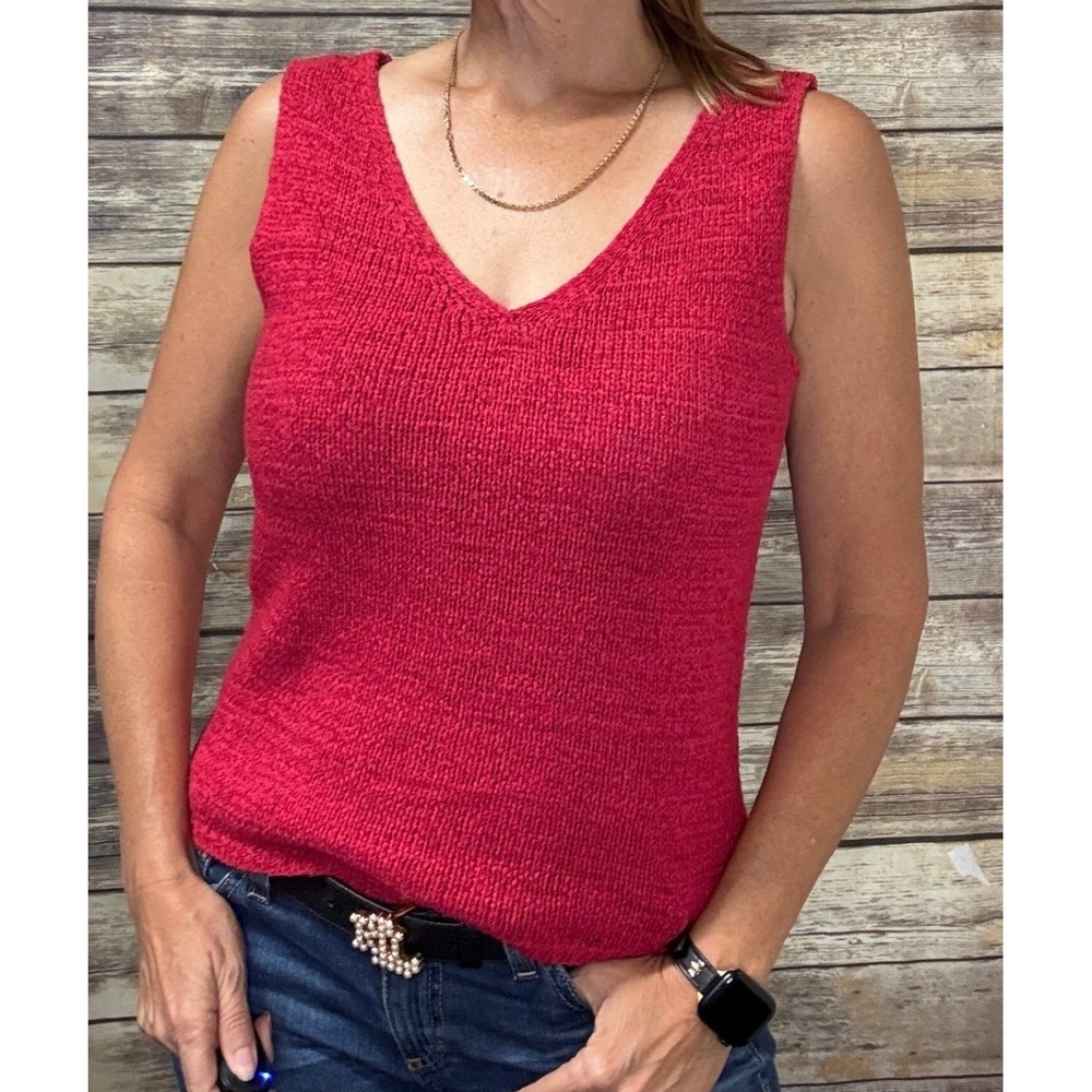 Womens Red V-Neck Knit Sweater Knit Tank Top Size Small Sleeveless Layering